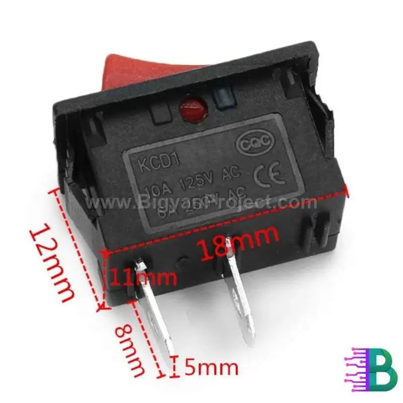 2 Pins SPST Rocker Switch 6A 250V AC - Red Plastic